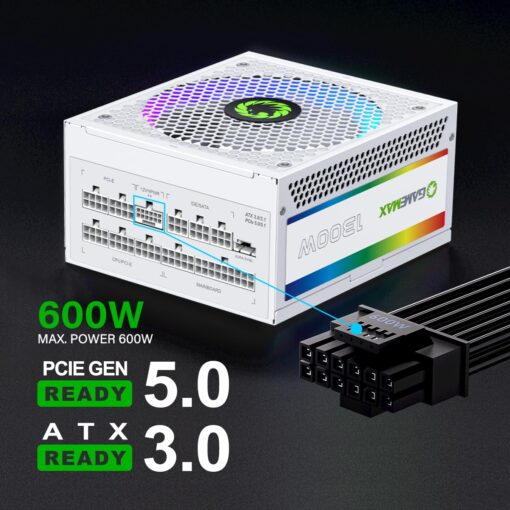 GAMEMAX 1300W Power Supply, ATX 3.0 & PCIE 5.0 Ready, 80+ Platinum Certified, Addressable RGB with 5V Motherboard Sync, 100% Japanese Capacitors, Fully Modular, RGB-1300-White - Image 5