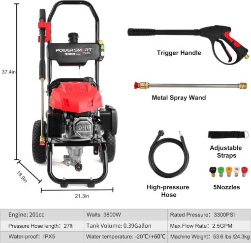 PowerSmart Gas Pressure Washer 3300 PSI, 2.5 GPM, 3L Soap Tank, Metal Spray Wand, 5 Nozzles for House, Driveways (DB1050) - Image 4