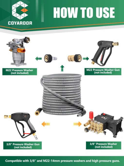 Coyardor 3/8" Pressure Washer Hose 125 FT 4500 PSI, Steel Braided Layer & NonMarking Rubber for Hot/Cold Water High Power Washer Replacement With 3/8 Inch Quick Connect & M22 Fitting, Industrial-grade - Image 2