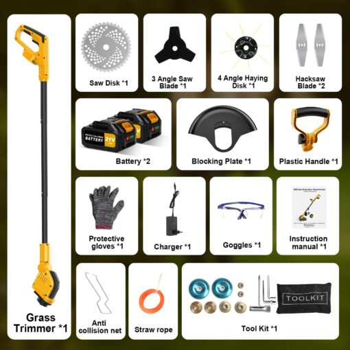 12 Inch Electric Weed Wacker, Lightweight Electric Weed Eater,800W Brushless Motor, 6000mAH, 2 Batteries, Multifunctional Grass Trimmer Lawn Tool,Yellow - Image 2