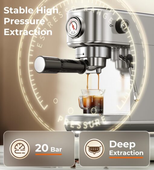 atatix Espresso Machine with Milk Frother, 20 Bar High Pressure Professional Espresso Maker Automatic, Compact Stainless Steel Coffee Machine for Cappuccino, Latte, Gift for Coffee Lover, Silver - Image 7