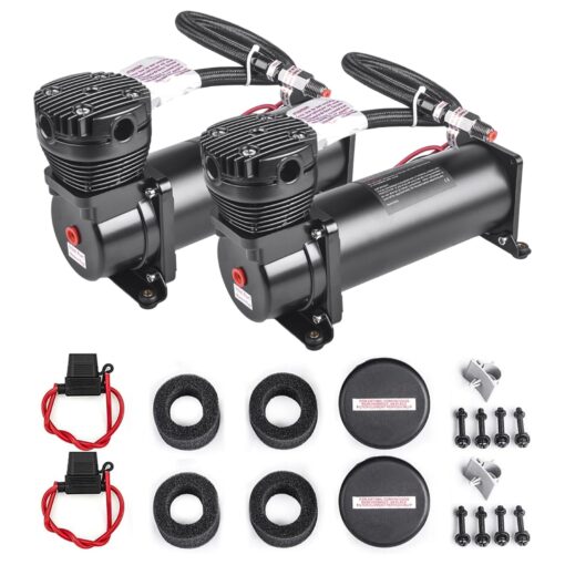 ZHSYMX Heavy Duty 200 PSI Air horn Compressor Dual Value Pack, 1/4 NPT Train Horn/Air Ride Compressor, Fittings for 12V Train/Truck/Car BLACK
