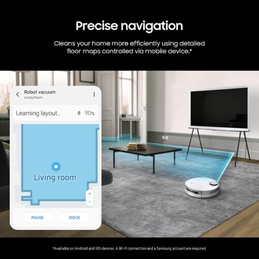 SAMSUNG Jet Bot Robot Cordless Vacuum Cleaner w/ Intelligent Power Control, Precise Navigation, Multi Surface Cleaning for Hardwood Floors, Carpets, Rugs, Anti Hair, VR30T80313W/AA, White - Image 6
