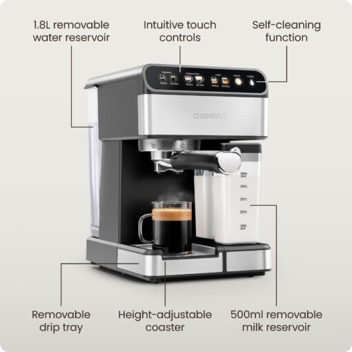 Chefman CaféMaster Pro Espresso Machine, Brew Single or Double Shots, Coffee Maker with Built-In Milk Frother for Cappuccino & Latte, XL 1.8 Liter Removable Water Reservoir - Stainless Steel - Image 3