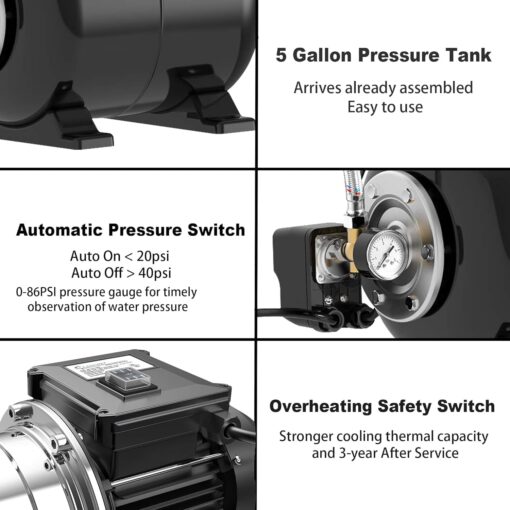 Lanchez 1.6 HP Shallow Well Pump with Pressure Tank, 1340 GPH Automatic Irrigation Water Booster Jet Pump, 115V Stainless Steel Water Transfer Pump for Home Garden Lawn Sprinkler Irrigation - Image 3