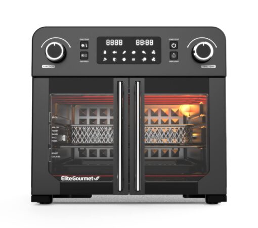 Elite Gourmet EAF9010B All Steel Exterior, 24.5Qt. French Door Air Fryer Convection Countertop Oven, 12" Pizza Extra Large Capacity, Temperature + Timer Controls, Bake, Toast, Broil, Air Fry, Black