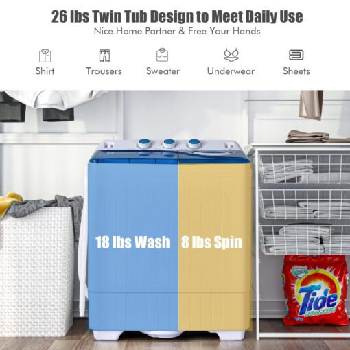 COSTWAY, Twin Tub 26lbs Capacity Laundry, 18lbs 8lbs Spinner Combo with Timer Knobs, Built-in Drain Pump, Compact Washer for Home Dorm Apartment (Blue+White) portable washing machine - Image 2