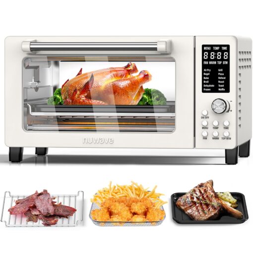 Nuwave Bravo Pro Smart Air Fryer Toaster Oven Combo, Airfryer Convection Oven Countertop, 10-in-1 Functions with Quicker & Even Crisp Technology, 1800W, 50-450°F, PFAS-Free, 21QT, Vanilla Cream