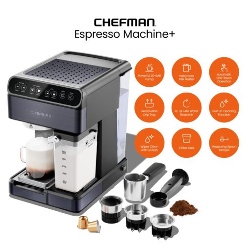 Chefman 6-in-1 Espresso Machine with Steamer, Automatic One-Touch Coffee Maker, Single or Double Shot Cappuccino Machine, Latte Maker, Espresso Maker with Milk Frother, Black - Image 9