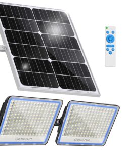 Gebosun 2-Pack 300W LED Solar Flood Light, Remote Controlled, Dusk to Dawn, 30,000Lumen, 6000K, IP67 Waterproof, Wall-Mounted & Pole-Mounted, Perfect for Barn, Warehouse, Backyard and Garden