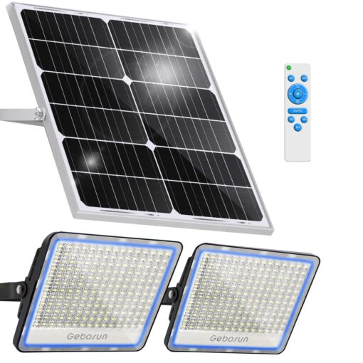 Gebosun 2-Pack 300W LED Solar Flood Light, Remote Controlled, Dusk to Dawn, 30,000Lumen, 6000K, IP67 Waterproof, Wall-Mounted & Pole-Mounted, Perfect for Barn, Warehouse, Backyard and Garden