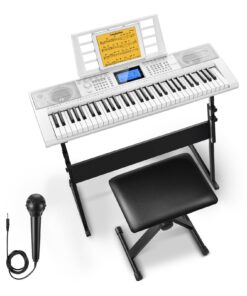 Donner Keyboard Piano 61 Key, Electric Keyboard Kit with 249 Voices, 249 Rhythms - Includes Piano Stand, Stool, Microphone, Gift for Beginners, White(DEK-610S)