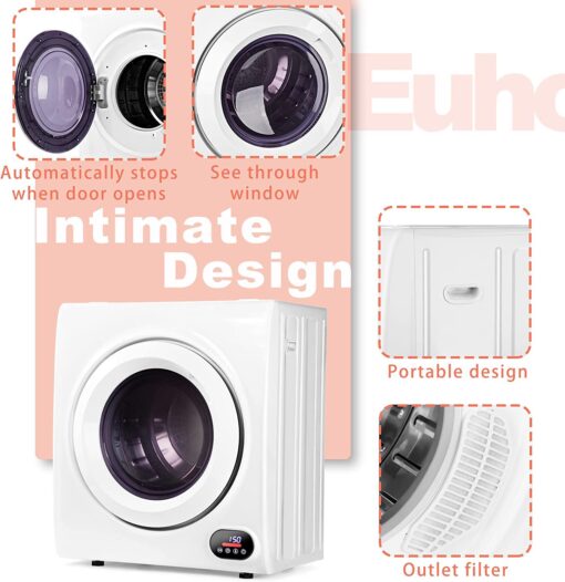 Euhomy Compact Laundry Dryer, 3.5 cu ft Front Load Stainless Steel Clothes Dryers With Exhaust Pipe, 1500W, LCD Control Panel Four-Function Portable Dryer For Apartments, Home, Dorm, White - Image 4
