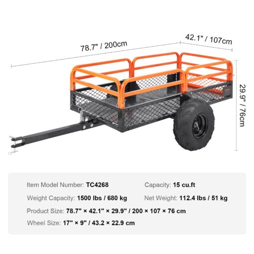 VEVOR ATV UTV Trailer Tow Behind Dump Cart, 1500lbs 15 Cubic Feet, Heavy Duty Yard Garden Trailer Pull Behind Dump Trailer for Lawn Mower Tractor - Image 2