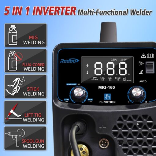 Redbo 110/220V Dual Voltage 160Amp Powerful MIG Welder,Gas MIG/Gasless Flux Core MIG/Stick/Lift TIG/Spool Gun 5 in 1 Multiprocess Welding Machine, MIG Welder with LED Digital Display Weld Aluminum - Image 6