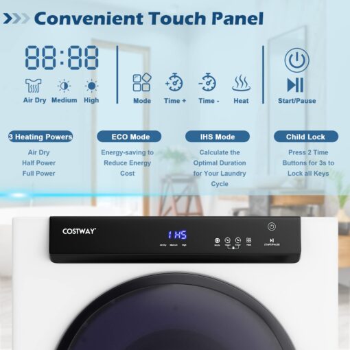 COSTWAY Compact, Touch Panel, 2 Modes, 3 Heating Powers and Adjustable Exhaust Vent, 8.8 LBS Front Load Tumble Laundry Apartment, Dorm and Home, 1400W, White Portable Dryer - Image 9