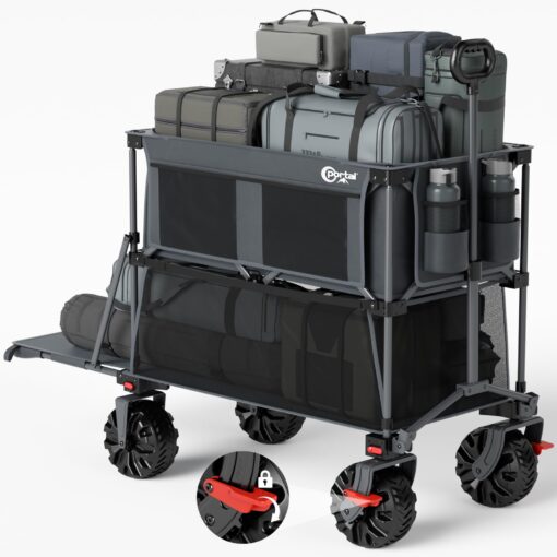 PORTAL 400L Large Capacity Collapsible Double Decker Wagon with Brakes, 450LB Heavy Duty Folding Cart with Tailgate, Foldable Utility Wagons for Camping, Beach, Garden, Sports, Shopping