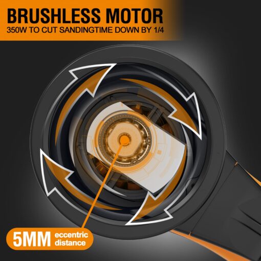 MAXXT Electric 5mm Random Orbital Sander, Palm Sander with Brushless Motor, 5&6Inch Sanding Pads, Central Vacuum, Sanders for Woodworking, Primary Wood and Panel Processing(Orange) - Image 8