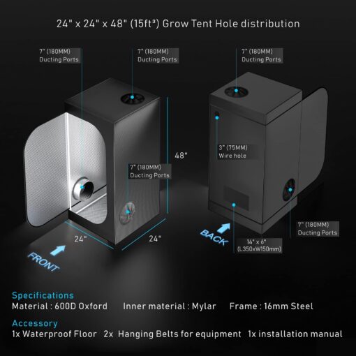 TopoGrow 2'X2' Grow Tent Complete Kit Setup 300W LED Grow Light Full-Spectrum Indoor Hydroponics 24"X24"X48" Grow Tent 4" Ventilation Kit with Hangers Hygrometer Shear Timer Trellis Netting Package - Image 3
