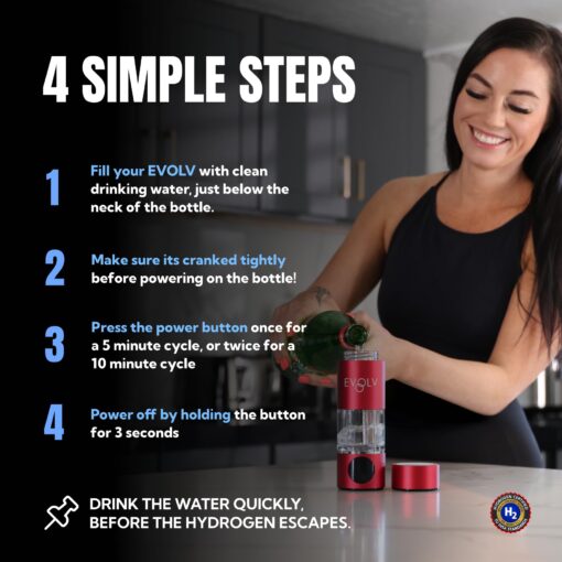 EVOLV Hydrogen Water Bottle Generator – 5.42PPM SPE/PEM Water Ionizer for High Hydrogen Concentration – Portable Hydrogenated Water Bottle for Energy & Inflammation Support– 8oz Bottle, Crimson - Image 4