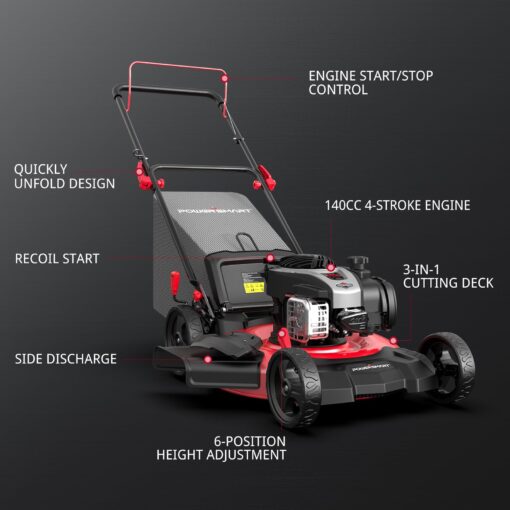 PowerSmart Gas Lawn Mower 21-Inch with 140cc Briggs and Stratton E550 Engine, High Wheels, 3-in-1 with Bagging - Image 2