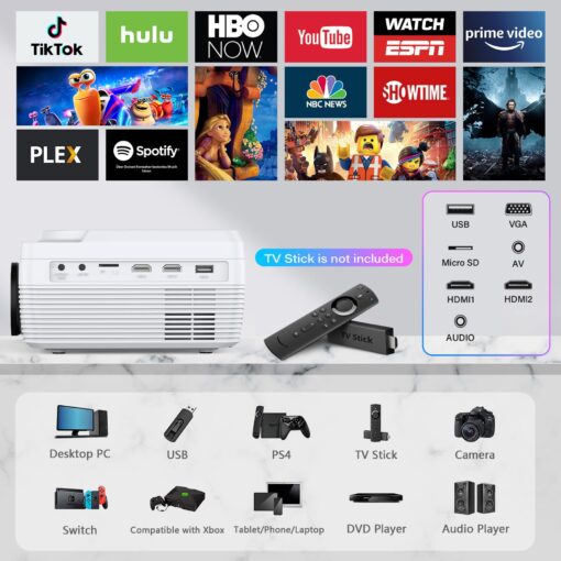 Full HD WiFi Bluetooth Projector Built in DVD Player, 12000LM 1080P Supported, Portable Mini DVD Projector for Outdoor Movies, 250" Home Theater, Compatible with iOS/Android/TV Stick/PS4/HDMI/USB/TF - Image 3