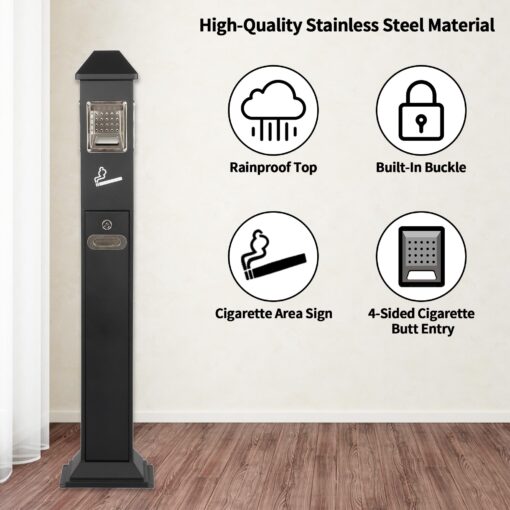 lukar Commercial Butt Receptacles Metal Butt Container Heavy Duty Ash Disposal Outdoor Vertical Trash Can for Patios Gardens Hotels Pubs Offices(Black) - Image 2