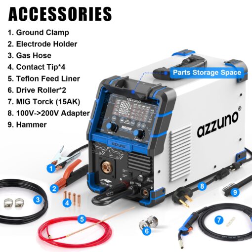AZZUNO Aluminum 250Amp MIG Welder,6 in 1 Gas MIG/Gasless Flux Core/Stick/Lift TIG/Spot Welding/Spool Gun Compatible Welding Machine 110V/220V Large LED Display Multi Process Welder - Image 3