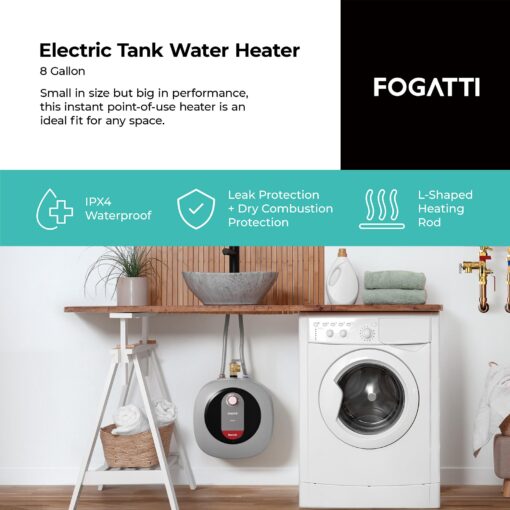 FOGATTI Electric Tank Water Heater, 8.0 Gallon Point of Use Instant Hot Water Heater 120V 1440W, Wall or Floor Mounted, Easy to Install - Image 6