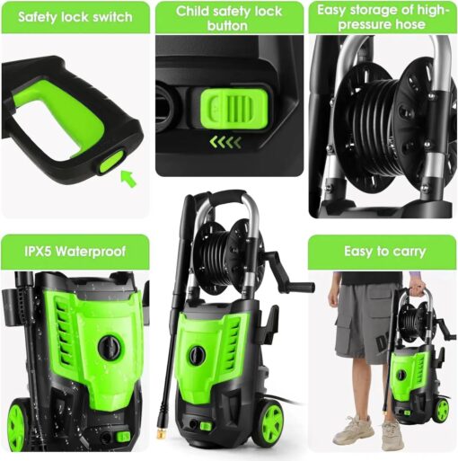 4800 PSI Electric Pressure Washer- 4.0 GPM High Power Washer with 33FT Hose Reel, 4 Spray Tips and Soap Bottle for Car Washing, Fence Cleaning, Patio Maintenance（Upgraded）(Green) - Image 5