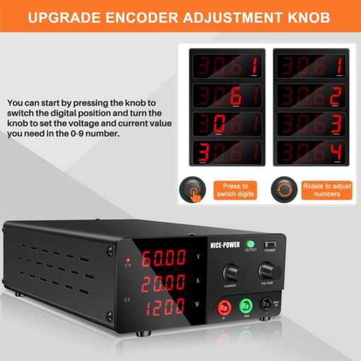 NICE-POWER DC Power Supply Variable, 60V 20A 1200W High Power Bench Power Supply with Encoder Knob & Output Switch, Benchtop Adjustable Switching Regulated Power Supplies for Repair/Test - Image 7