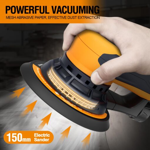 MAXXT Electric 5mm Random Orbital Sander, Palm Sander with Brushless Motor, 5&6Inch Sanding Pads, Central Vacuum, Sanders for Woodworking, Primary Wood and Panel Processing(Orange) - Image 4