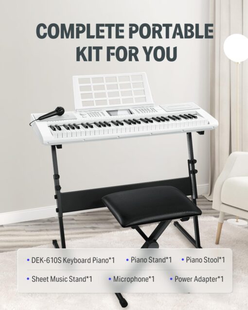 Donner Keyboard Piano 61 Key, Electric Keyboard Kit with 249 Voices, 249 Rhythms - Includes Piano Stand, Stool, Microphone, Gift for Beginners, White(DEK-610S) - Image 2