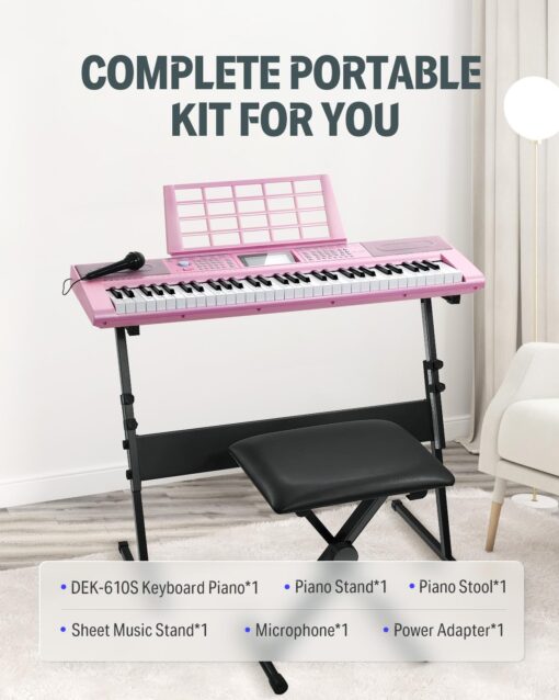 Donner Keyboard Piano 61 Key, Electric Keyboard Kit with 249 Voices, 249 Rhythms - Includes Piano Stand, Stool, Microphone, Gift for Beginners, Pink(DEK-610S) - Image 2