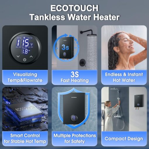 Electric Tankless Water Heater, ECOTOUCH 14kW Instant Hot Water Heater on Demand 240V Point of Use Hot Water Heater ETL Certificated Self-Modulation ECO140B Black - Image 8