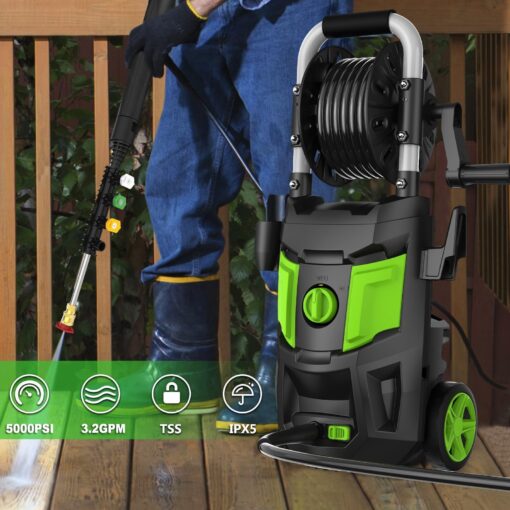 DECOKTOOL Electric Pressure Washer, 5000PSI Max 3.2 GPM Power Washer with 20FT Hose, 35FT Power Cord, 4 Nozzles, Foam Cannon & Spray Gun, High Pressure Washer for Car, Patio, Fence, Window (Green) - Image 7