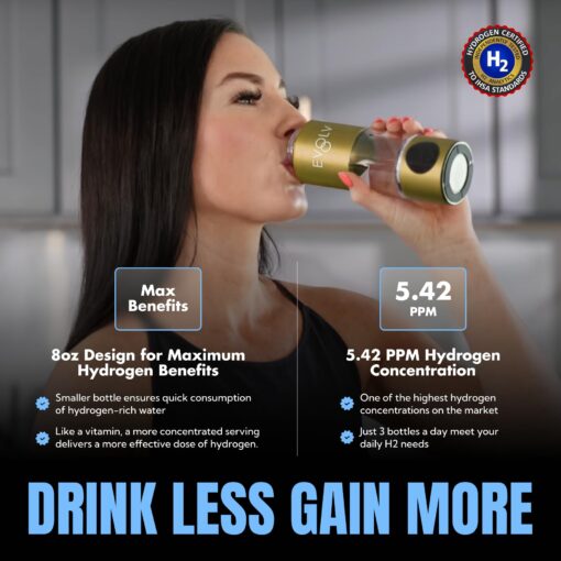 EVOLV Hydrogen Water Bottle Generator – SPE & PEM Water Ionizer 5.42PPM, Highest Concentrated Dose – 8oz Hydrogenated Water Bottle for Improved Energy & Inflammation Support - Easy to Use, Champagne - Image 7