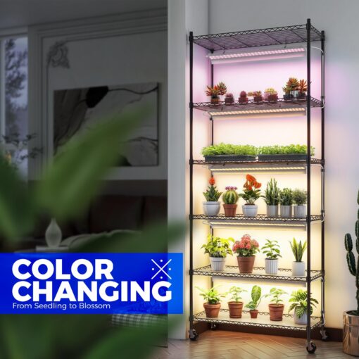 Barrina Plant Stand with Grow Lights for Indoor Plants, 6-Tier Metal Plant Shelf Display Rack with 5Pcs 2FT 30W Full Spectrum Plant Lights, 3 Adjustable Spectrum and Timer, for Growing, 29.5x13.8x71IN - Image 9