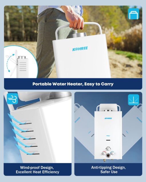 Kohree Tankless Water Heater Propane, 10L 2.64 GPM Portable Tankless Water Heater with Handle, On Demand Instant Hot Water Heater with Overheating Protection, for RV Camping, Pool, Barn & Cabin, White - Image 4