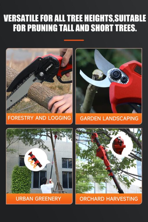 Electric Pruner Kit, 3 in 1, Max 8 ft, 2 Pcs Batteries, 6 inches cordless chainsaw & electric pruning shears with Max 8 ft Extension Pole, SK5 Blades RED - Image 5
