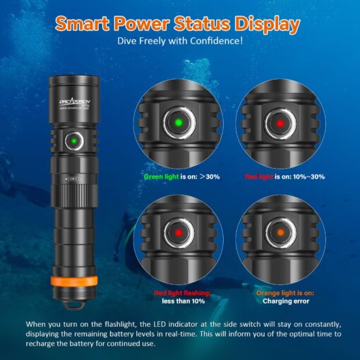 ORCATORCH DC710 Scuba Dive Light Type C Rechargeable, 3000 Lumens Super Bright Underwater Flashlight, IP68 Waterproof Submersible Torch with WS02 Wrist Strap Mount for Hands-Free Diving - Image 5