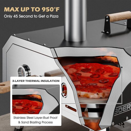 ABORON Portable Pizza Oven Outdoor, 16" Multi-Fuel/Wood Fired/Gas Rotatable Pizza Ovens/Pizza Makers, Stainless Steel 3-Layer, with Built-in Thermometer/Pizza Cutter/Carry Bag - Image 5