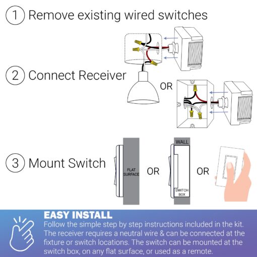 RunLessWire Dimming Self Powered (NO Batteries) Wireless Light Switch Kit - No Wiring, Battery, or WiFi Needed DIY Remote Control Basic Dimmer Kit: 1 Receiver, 1 Switch - White - Image 4
