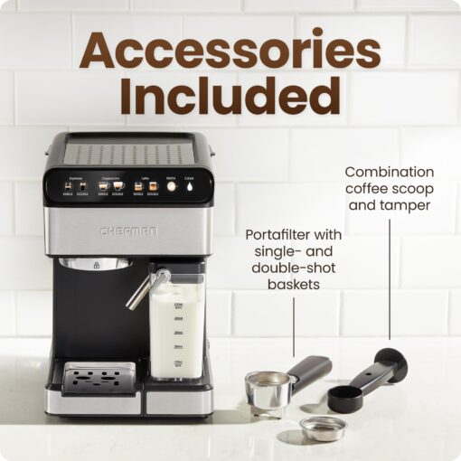 Chefman CaféMaster Pro Espresso Machine, Brew Single or Double Shots, Coffee Maker with Built-In Milk Frother for Cappuccino & Latte, XL 1.8 Liter Removable Water Reservoir - Stainless Steel - Image 4