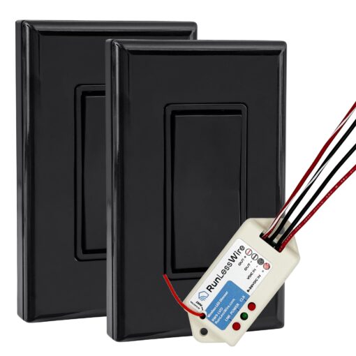 RunLessWire Low Voltage 8-30VDC Dimming Self Powered (NO Batteries) Wireless Light Switch - No Wiring, Battery, or WiFi Needed - 3-Way Low Volt Dimmer Kit: 1 Receiver, 2 Switches - Black