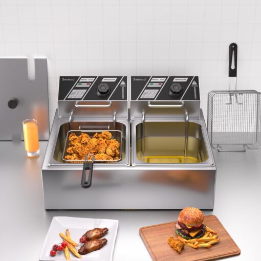 Commercial Deep Fryer with Baskets, 3400W 12.7QT/12L Thickened Stainless Steel Countertop Electric Oil Fryer, Large Capacity with Temperature Control, silver - Image 5
