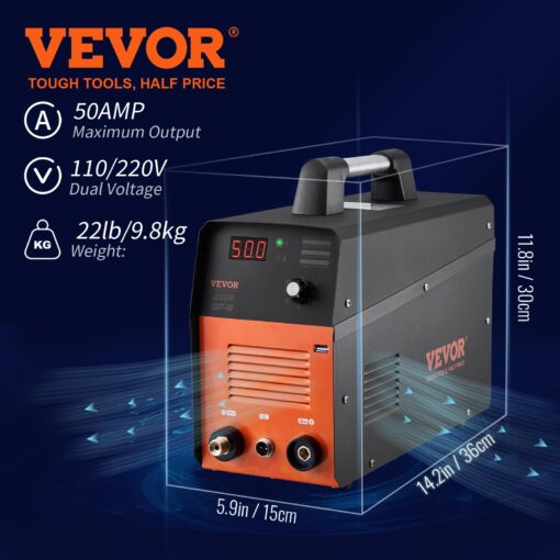 VEVOR Plasma Cutter, 50Amp, Air Cutting Machine with Plasma Torch, 110V/220V Dual Voltage AC IGBT Inverter Metal Cutting Equipment for 1/2" Clean Cut Aluminum and Stainless Steel, Black - Image 7