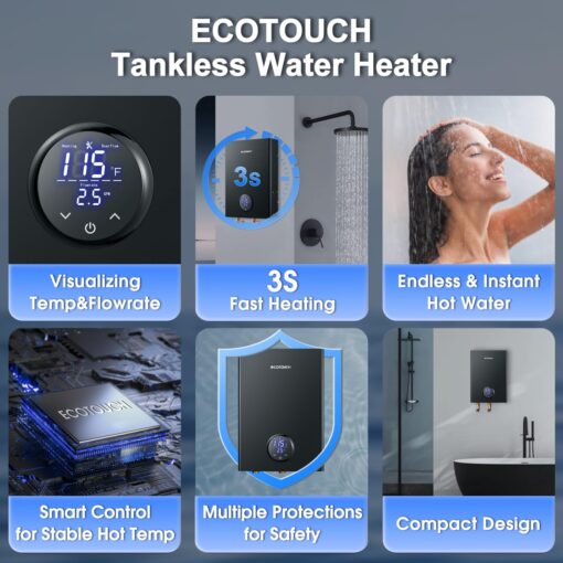 Electric Tankless Hot Water Heater, ECOTOUCH 18kW on Demand Instant Water Heater 240V, ETL Certificated Self-Modulation Point of Use Hot Water Heater Whole House ECO180B Black - Image 8