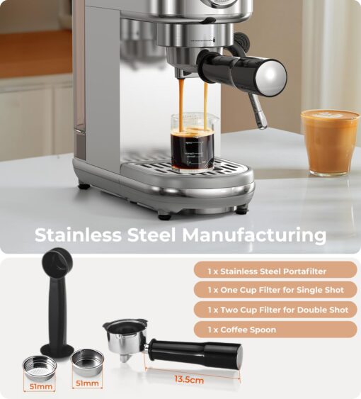 atatix Espresso Machine with Milk Frother, 20 Bar High Pressure Professional Espresso Maker Automatic, Compact Stainless Steel Coffee Machine for Cappuccino, Latte, Gift for Coffee Lover, Silver - Image 4
