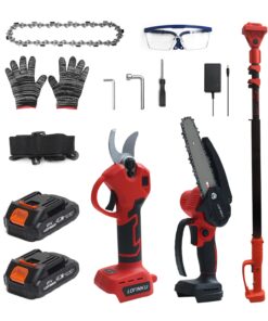 Electric Pruner Kit, 3 in 1, Max 8 ft, 2 Pcs Batteries, 6 inches cordless chainsaw & electric pruning shears with Max 8 ft Extension Pole, SK5 Blades RED